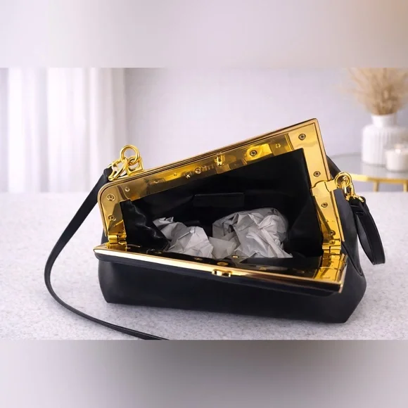 Black Designer-Inspired Crossbody Handbag | Gold Frame Clutch Purse - Picture 3 of 6